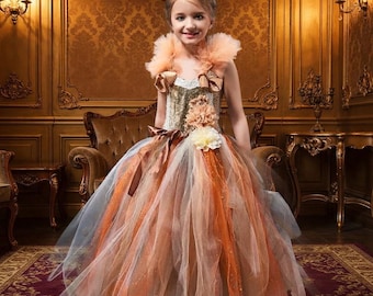Handmade Flower Fairy Tutu Dress, Glitter Tulle Gown, Autumn Pageant Costume