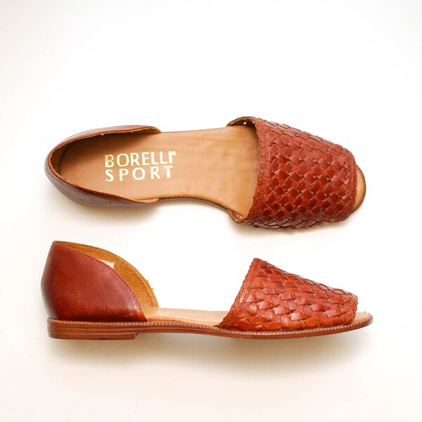 Vintage Brown Leather Huarache Sandals / Brazilian Braided Leather Summer Flats / Size 7