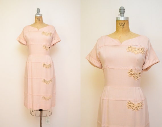 50s Vintage Blush Pink Linen Cocktail Dress / 1950