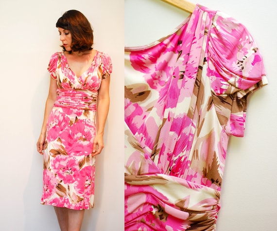 Vintage Pink Floral Cocktail Dress / 40s Style Sil