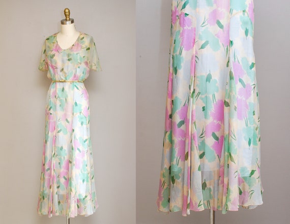 wedding dress with pastel flowers