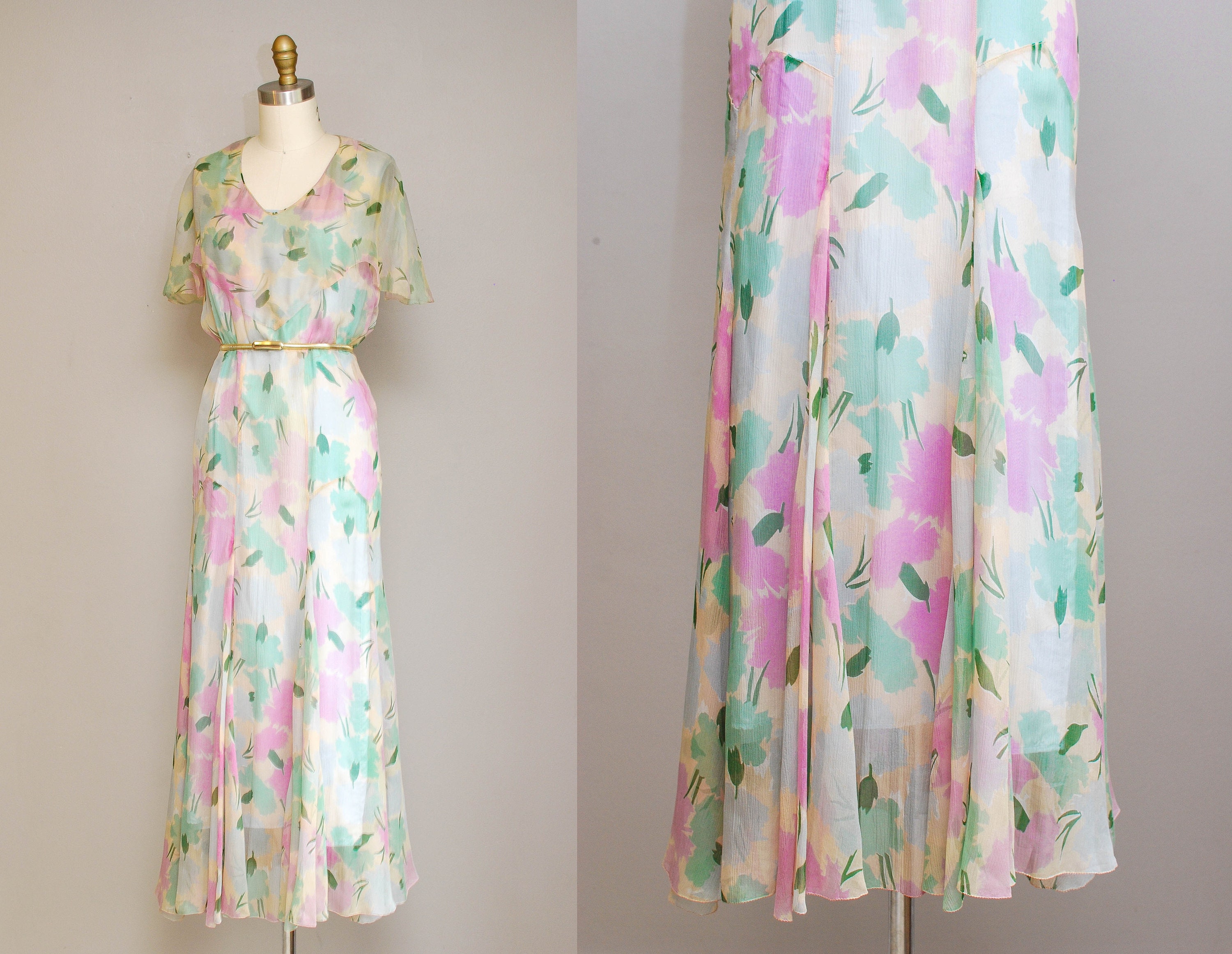 Vintage 30s Floral Chiffon Dress / 1930s Pastel Watercolor | Etsy