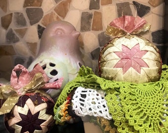 Raggy Shabby Quilt Ball Fabric Ornaments handmade country shabby chic decor pink purple