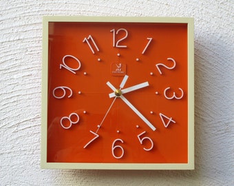 LARGE Orange & White 1970s Jaz Clock - Large Orange and White Vintage French Wall Clock - JAZ Orange and White 1970s Clock - 1970s Decor