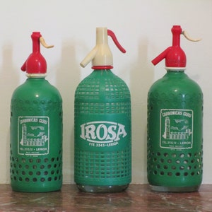 RARE Original Set of 3 Vintage Spanish Seltzer Bottles-Decorative Green & Red Design-Great Decorating Touch to any Bar Restaurant or Kitchen