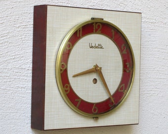 1950s-60s Vintage French Maroon Beige VEDETTE Formica & Wood Wall Clock-Perfect Working Condition-Mid Century Diamond