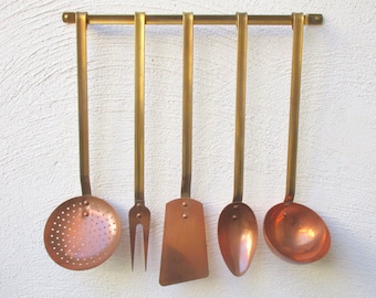 Complete 6-Piece COPPER FRENCH Chef's Set Vintage Cooking Utensils with Rack - Country Farmhouse - French Kitchen - Mint Condition