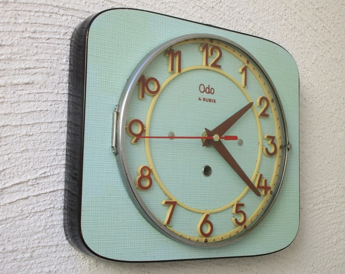 French 195060s Atomic Age ODO Bright Green/turquoise Formica Wall Clock Atomic Clock Funky Mid