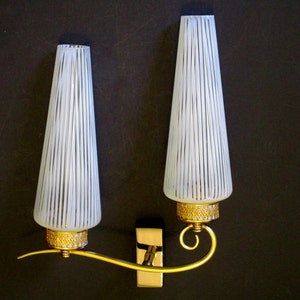 French Double Shade Wall Light - Vintage Wall Lights - Clear Glass with Etched White Stripes - Gold Filgaree Design - Mid Century FLights