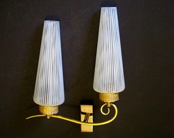 French Double Shade Wall Light - Vintage Wall Lights - Clear Glass with Etched White Stripes - Gold Filgaree Design - Mid Century FLights