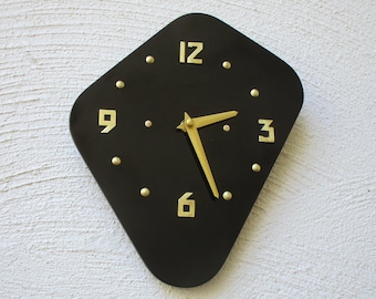 1950s-60s Vintage French Black ODO Formica Wall Clock - Funky Oblong Atomic Shape - Great Working Condition - Mid Century Diamond