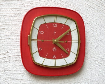 1950s-60s Vintage Bright Red Formica Wall Clock - French SMI Vintage Clock -Perfect Working Condition-Mid Century Diamond-Mid Century Decor