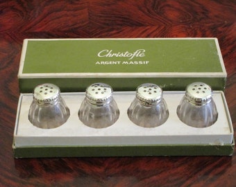 CHRISTOFLE BOXED vintage cristal en argent sterling - 2 paires de salières et poivrières - Shakers en parfait état