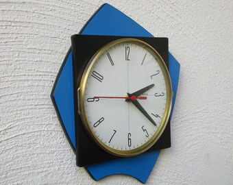 Horloge murale française vintage des années 1950-60 en formica FFR bleu et noir - forme atomique géniale - parfait état de fonctionnement - diamant du milieu du siècle