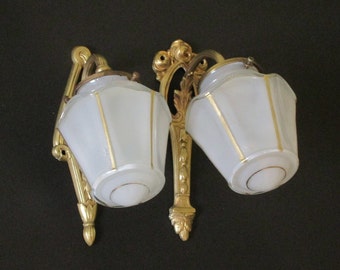 2 Art Deco Frosted Glass Wall Lights- Art Deco Wall Lights - 1930s French Wall Lights- Beautiful White Glass and Gold Etched Shades