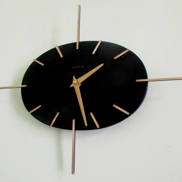 Quintessential 1950s BLACK Atomic Age Vintage Clock-French VEDETTE Wall Clock - Funky Atomic Shape -Perfect Working Condition-RARE & Unusual