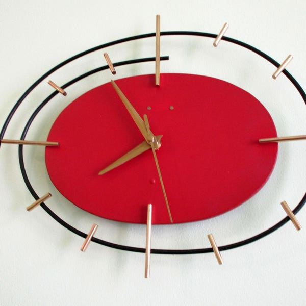 Quintessential 1950s RED Atomic Age Vintage Clock-French BOOMERANG Wall Clock-Funky Freeform Shape -Perfect Working Condition-RARE & Unusual