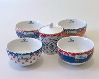 4 Bowls and Sugar Jar in French - Vintage Royal Boch - Bowls in French with Different Greetings - Matching Lidded Sugar Jar- Mint Condition