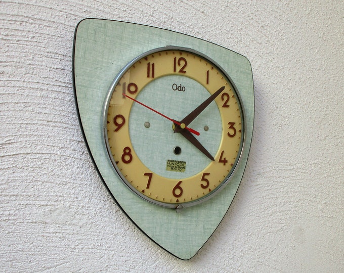 French GREEN 195060s ODO Formica Wall Clock Atomic Age Triangular Shape Vintage Green Clock