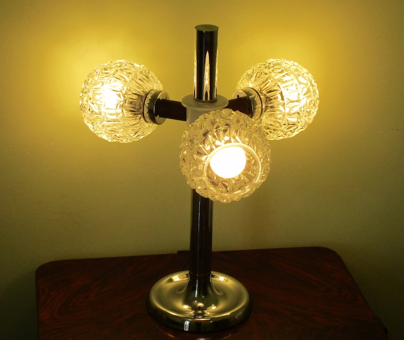 3 Ball Vintage French Table Light Made From Tropical Wood Chrome Glass Funky Shiny Powerful 1970s Lamp