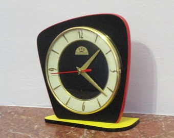 1950s Vintage Black Red Yellow FFR Formica Clock - Funky French Atomic Shape - Perfect Working Condition - Beautiful Colors - RARE