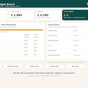 May include: A digital Mizan Budget Board interface for October 2026, featuring sections for total income of $4,200, spent $1,885, and $0 left to assign. The dashboard displays a zero-based plan table, transaction list, and navigation buttons.