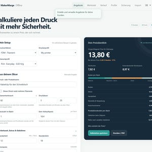 Könnte beinhalten: Eine digitale Benutzeroberfläche für MakerMarge zur Kalkulation von 3D-Druckkosten. Der Bildschirm zeigt Eingabefelder für Druckereinstellungen, Filamentverbrauch und Arbeitszeit sowie eine Übersicht mit einem Preis von 13,80 €.