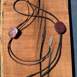 Brecciated Jasper Bolo Tie | Red Patterned Stone | Genuine Leather | Custom Cord & Tips