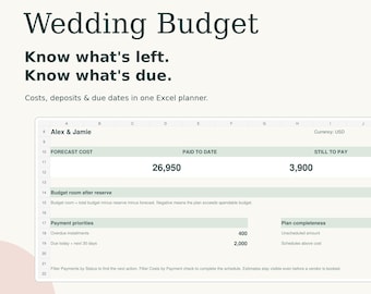Wedding Budget Spreadsheet for Excel | Vendor Payments, Deposits and Due Date Tracker
