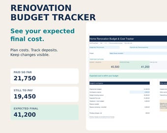 Renovation Budget Spreadsheet | Home Renovation Planner, Cost Tracker, Payments and Change Log for Excel