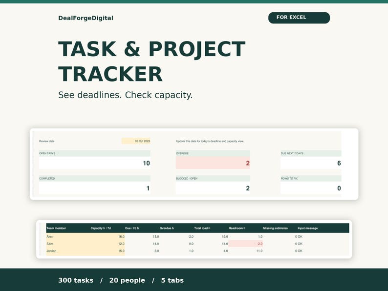 Project Management Spreadsheet for Excel | Task Tracker, Timeline and Team Capacity