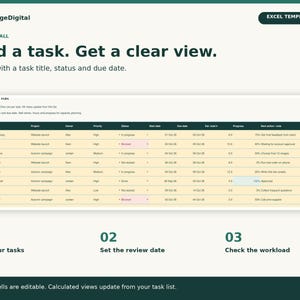 May include: An Excel template by DealForgeDigital titled Add a task. Get a clear view. The image displays a task list spreadsheet with columns for task, project, owner, priority, status, dates, hours, progress, and next action, plus three numbered steps.