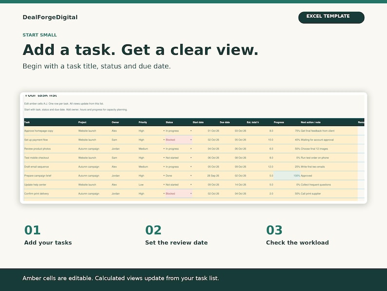 May include: An Excel template by DealForgeDigital titled Add a task. Get a clear view. The image displays a task list spreadsheet with columns for task, project, owner, priority, status, dates, hours, progress, and next action, plus three numbered steps.
