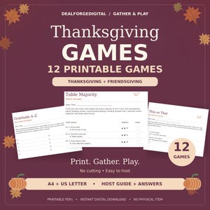 Può includere: Un set di 12 giochi stampabili per il Ringraziamento su uno sfondo viola scuro con foglie autunnali e zucche. Il testo recita DEALFORGEDIGITAL, GATHER & PLAY, Thanksgiving GAMES, 12 PRINTABLE GAMES, Thanksgiving + Friendsgiving.