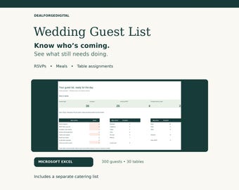 Spreadsheet voor de gastenlijst van je bruiloft in Excel | RSVP-tracker, tafelindeling en cateringlijst