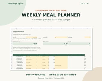 Meal Planner Template for Excel | Weekly Meal Planner, Automatic Grocery List and Food Budget