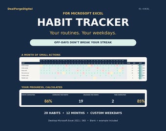 Habit Tracker for Excel | Spreadsheet with Custom Weekdays, Monthly Progress and Streaks