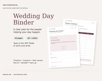 Wedding Day Binder | Fillable Wedding Day Planner PDF | Wedding Day Timeline and Handoff Planner