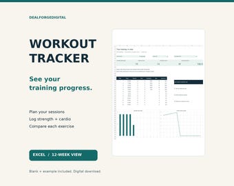 Workout Tracker for Excel | Fitness Planner with Strength Log and Cardio Progress Dashboard