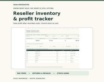 May include: A digital reseller inventory and profit tracker spreadsheet displayed on a light background. The interface features columns for item details, costs, and sales data, with headers including Dealforgedigital, Reseller inventory & profit tracker, 500 items, returns & resales, and stock aging.
