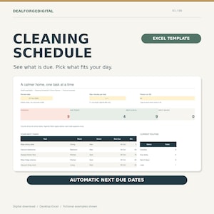 May include: A digital cleaning schedule Excel template by DealForgeDigital. The interface features a task tracker with columns for task, room, owner, due date, and minutes. It includes summary boxes for overdue, due today, and upcoming tasks.