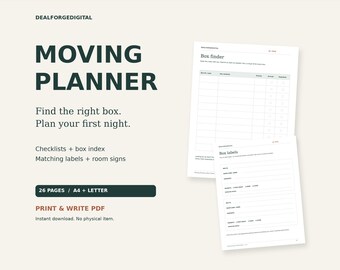 Verhuisplanner (printbaar PDF) | Paklijst, dooslabels en kamerbordjes | A4 en US Letter