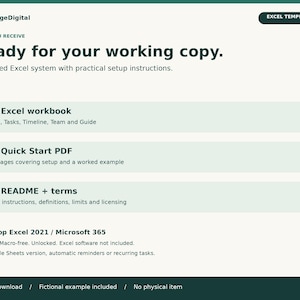 May include: A digital Excel template by DealForgeDigital featuring a list of contents: an Excel workbook with focus, tasks, timeline, team, and guide; a two-page Quick Start PDF; and a README file with terms. Compatible with Desktop Excel 2021 and Microsoft 365.