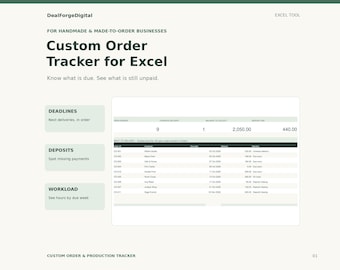 May include: A digital Custom Order Tracker for Excel by DealForgeDigital. The interface displays columns for order IDs, customers, due dates, balances, and payment statuses. Features include sections for deadlines, deposits, and workload management.