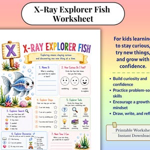 Może przedstawiać: Arkusz ćwiczeń do druku X-Ray Explorer Fish z ilustracją niebieskiej ryby, drewnianym znakiem z literą X oraz siedmioma numerowanymi sekcjami, w których dzieci mogą nazywać, odkrywać i analizować swoją ciekawość.