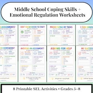 Könnte beinhalten: Ein Set aus acht druckbaren Arbeitsblättern mit dem Titel Middle School Coping Skills + Emotional Regulation Worksheets. Jede Seite enthält farbenfrohe Überschriften und strukturierte Abschnitte für Schüler der Klassen 5-8 zur Aufgabenverwaltung.