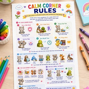以下が含まれることがあります： Calm Corner Rulesというタイトルの白い教育用ポスター。動物のカラフルなイラストと感情調整のためのテキスト指示が記載されています。このチャートには、ルール、アクティビティ、境界線、子供向けの約束のセクションが含まれています。