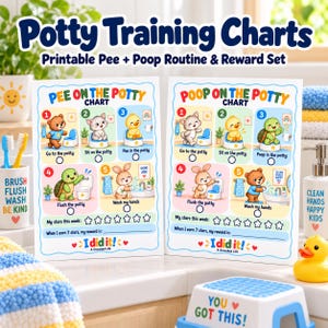 May include: Two potty training charts featuring colorful illustrations of animals and numbered steps for pee and poop routines. Each chart includes a star tracking section, the text Potty Training Charts, Printable Pee + Poop Routine & Reward Set, and I did it! A Grounded Life.