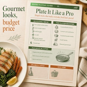 May include: A rectangular instructional poster titled Bistro Plating Guide: Plate It Like a Pro, featuring sections on plating tricks, flavour boosters, and pan sauce steps with illustrations of food, a pan, and a basket, next to a plate of food.