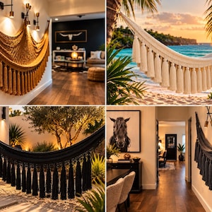 May include: A collection of four hammocks featuring intricate woven patterns and long decorative tassels along the bottom edge. The hammocks are displayed in various colors including mustard yellow, off-white, and dark charcoal gray.
